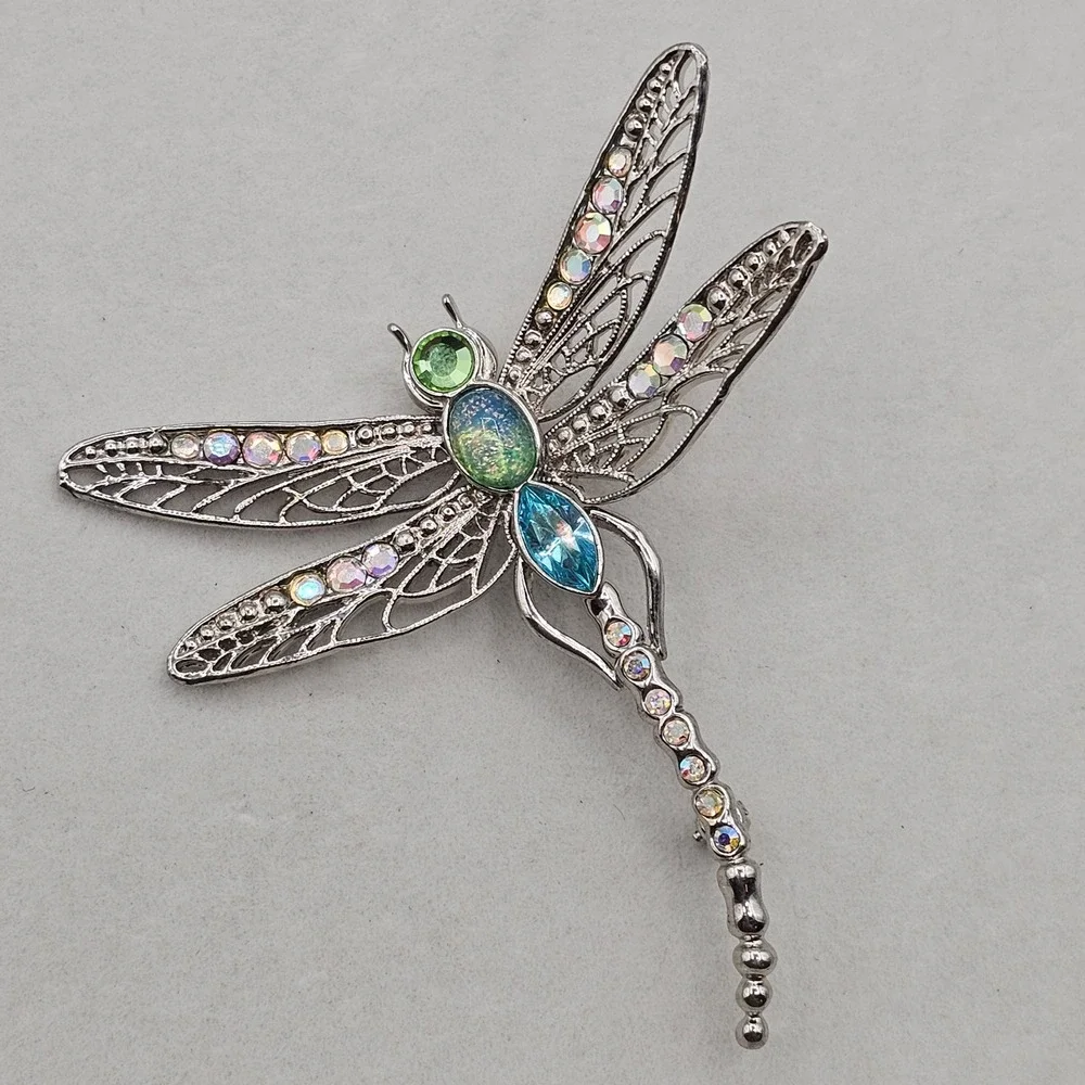 Dragonfly Brooch Pin Set 2pc Silver Tone Blue Green Rhinestone Enamel Pastels
